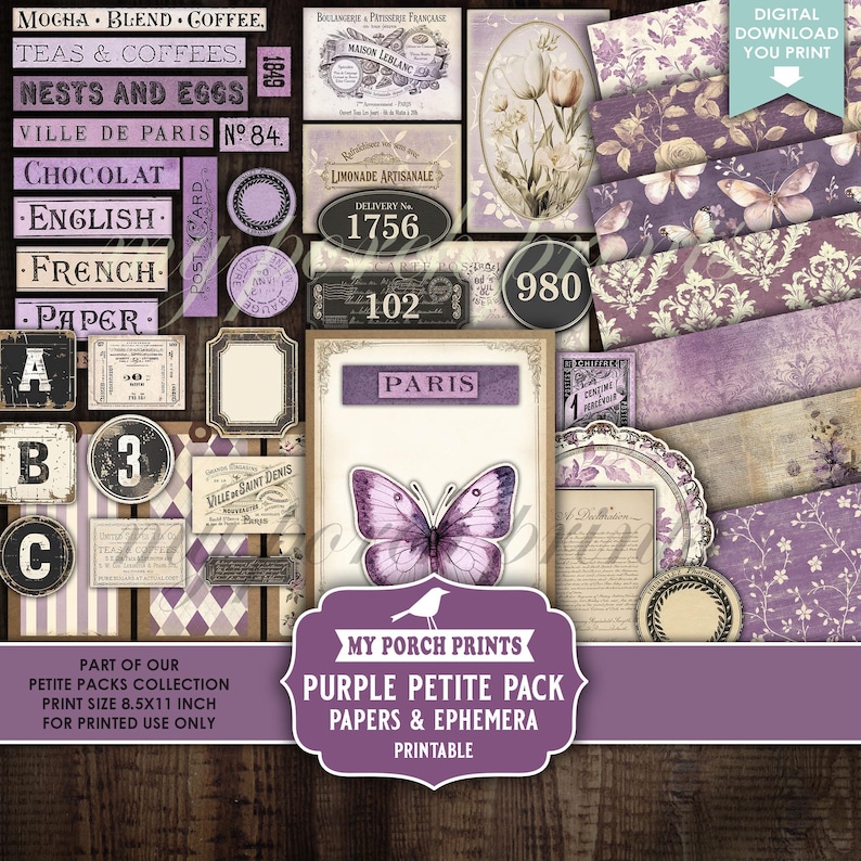 Purple Petite Pack Junk Journal Ephemera and Papers Kit, Cards Numbers ...