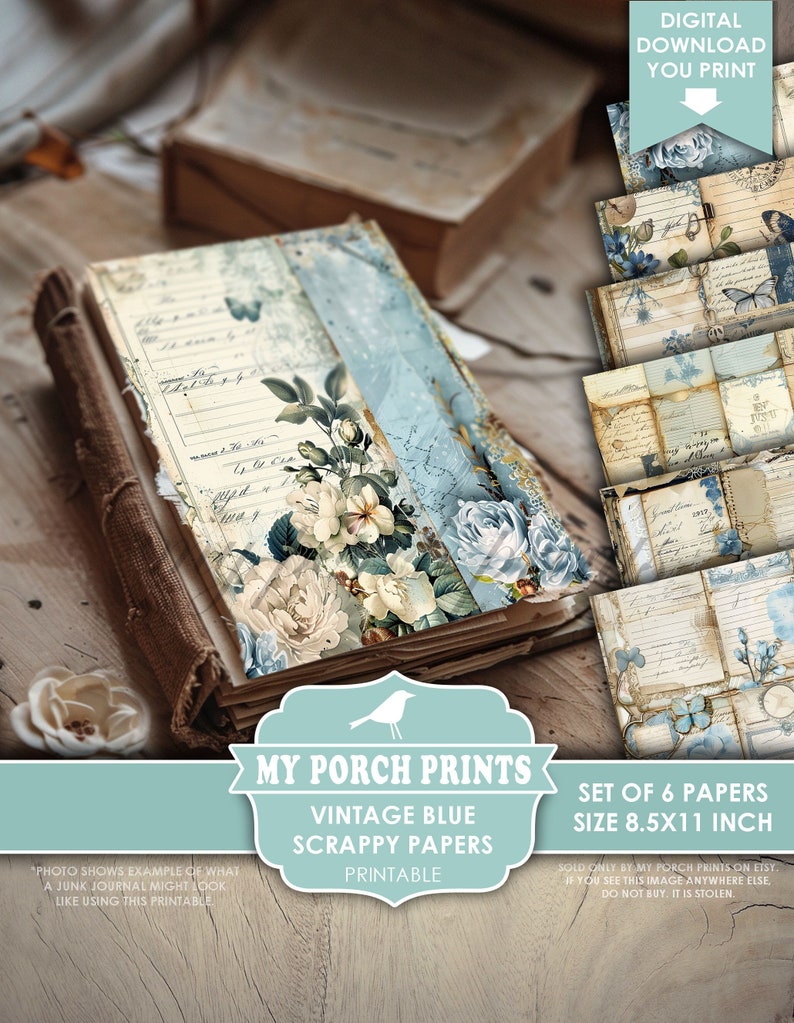 Vintage Blue Scrappy Papers, Junk Journal, Pages, Floral, Vintage, Shabby, Backing, Craft, My Porch Prints, Printable, Digital Download image 1