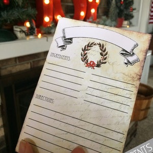 May include: A printable recipe card with a vintage design. The card has a banner with a wreath and the words "Ingredients" and "Directions" printed on it.