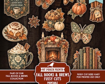 Puede incluir: Una colección de recortes de papel con temática otoñal que incluye un letrero de café, mariposas, bellotas, una calabaza, canela, un muffin, un rollo de canela, una chimenea, una taza con crema y libros con el texto My Porch Prints Fall Books & Brews.