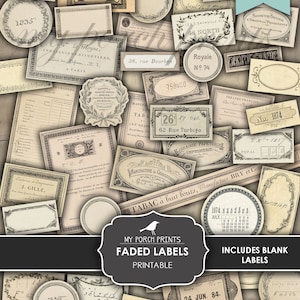 Junk Journal Faded Labels, Vintage, Blank, Bullet Journal, Steampunk, Numbers, Neutral Stickers, My Porch Prints, Digital Download Printable