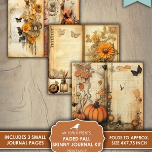 May include: Printable journal kit with three pages featuring autumnal designs. The pages include images of sunflowers, butterflies, pumpkins, leaves, and vintage-style text. The kit is designed to fold to approximately 10.16 by 19.69 cm.