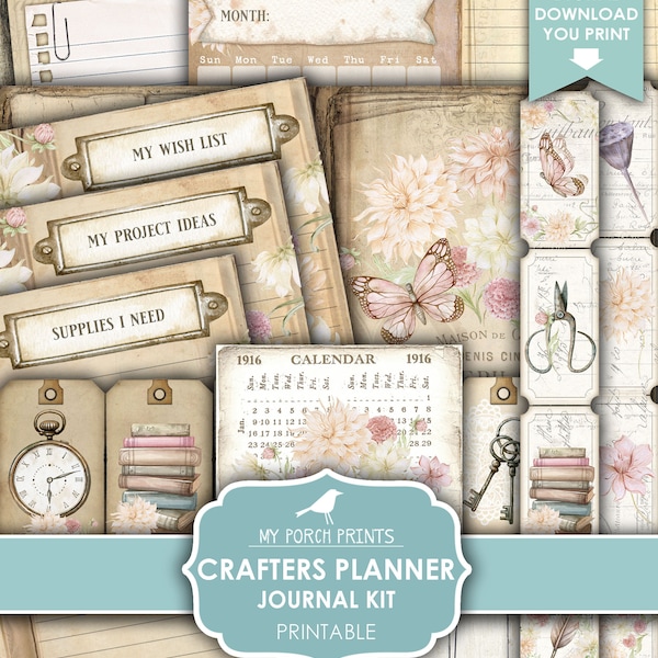 Crafters Planner, Junk Journal Kit, Calendar, Dahlias, Boho, Shabby, Crafting, Craft Room, My Porch Prints, Digital Download, Printable