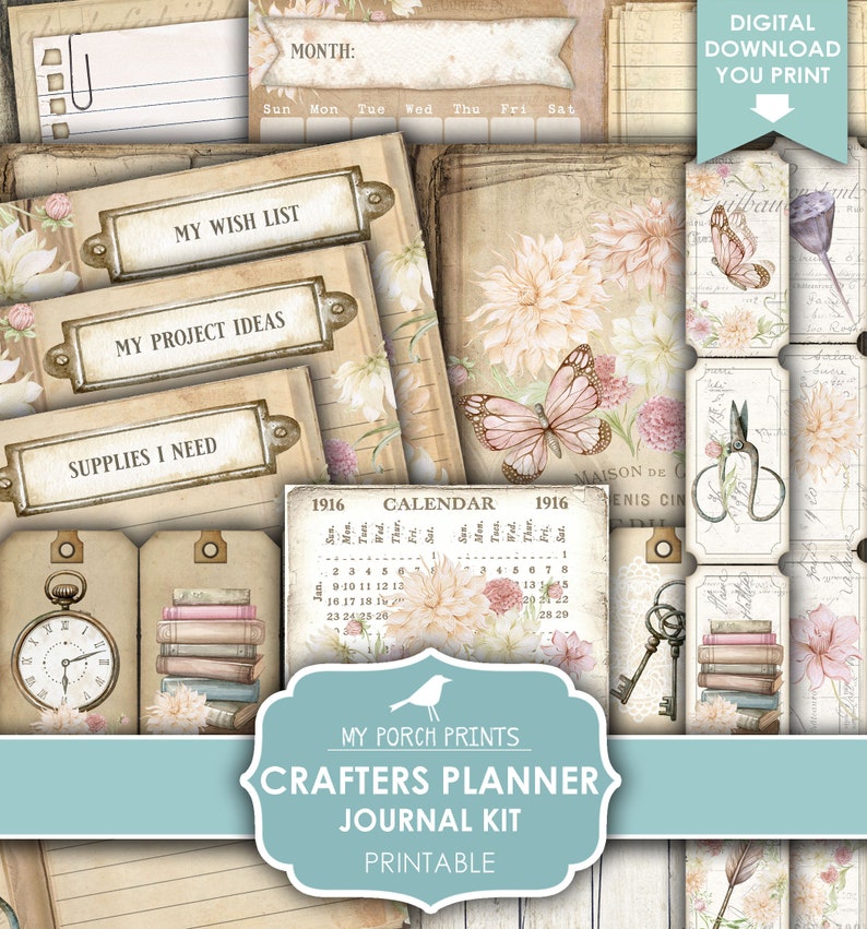Crafters Planner, Junk Journal Kit, Calendar, Dahlias, Boho, Shabby, Cottagecore, Ephemera, My Porch Prints, Digital Download, Printable 