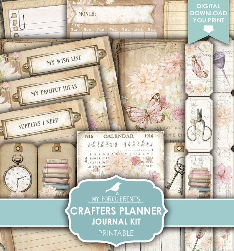 Crafters Planner, Junk Journal Kit, Calendar, Dahlias, Boho, Shabby, Cottagecore, Ephemera, My Porch Prints, Digital Download, Printable 