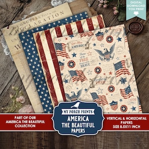 K&ouml;nnte beinhalten: Eine Sammlung patriotischer Papiere mit amerikanischen Flaggen- und Adlerdesigns. Die Papiere zeigen den Text "A Declaration" und "God Bless America". Die Papiere messen 21,59 x 27,94 cm und sind Teil der "America the Beautiful"-Kollektion.