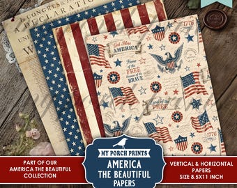 Może przedstawiać: Kolekcja patriotycznych papierów z motywami amerykańskiej flagi i orłów. Papiery zawierają tekst "A Declaration" i "God Bless America". Papiery mają wymiary 21,59 x 27,94 cm i są częścią kolekcji "America the Beautiful".