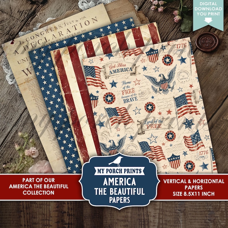 K&ouml;nnte beinhalten: Eine Sammlung patriotischer Papiere mit amerikanischen Flaggen- und Adlerdesigns. Die Papiere zeigen den Text "A Declaration" und "God Bless America". Die Papiere messen 21,59 x 27,94 cm und sind Teil der "America the Beautiful"-Kollektion.