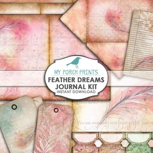 Feather Dreams, Kit diario, Kit di diario spazzatura, Pagina di diario, Libro, Vintage, 5x7, Stampabile, Effimera, Foglio di collage, Biglietti, Boho, Acquerello
