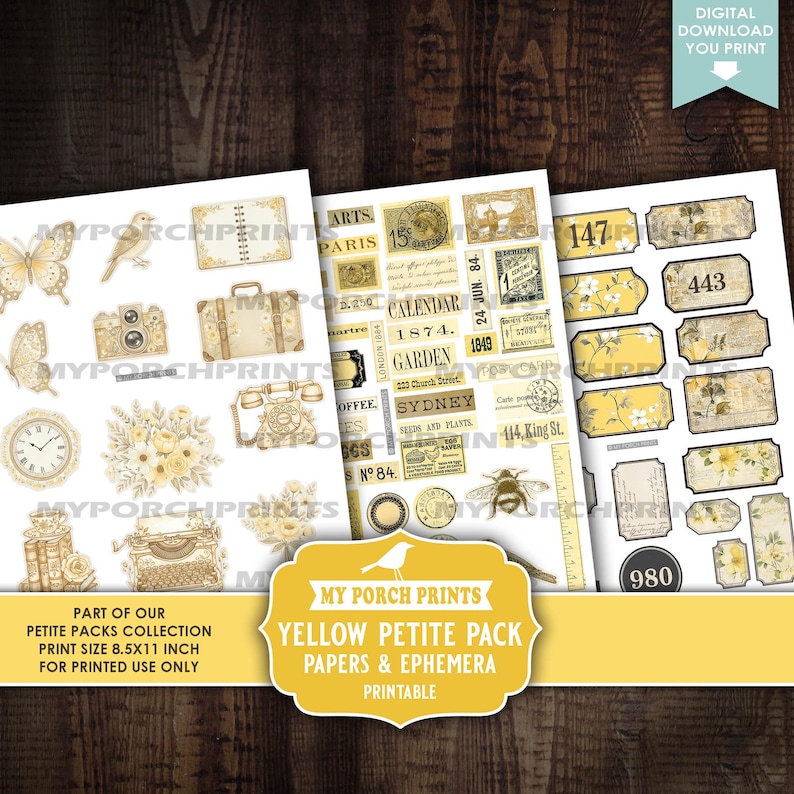 Yellow Petite Pack Junk Journal Ephemera and Papers Kit, Numbers Bee ...