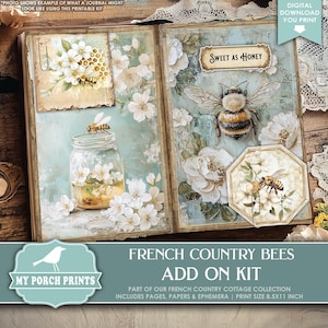 French Country Bees Add On Kit, Ephemera, Junk Journal, Honey, Vintage, Blue, Summer, Cottage, My Porch Prints Printable Digital Download