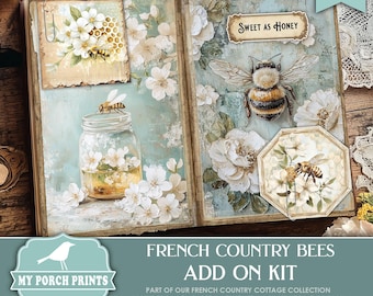 French Country Bees Add On Kit, Ephemera, Junk Journal, Honey, Vintage, Blue, Summer, Cottage, My Porch Prints Printable Digital Download