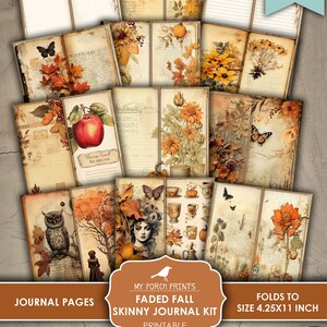 May include: Printable journal kit with 12 pages featuring autumnal designs. The pages include images of owls, butterflies, sunflowers, leaves, apples, and teacups. The kit is designed to fold to a size of 10.8 cm by 27.9 cm.