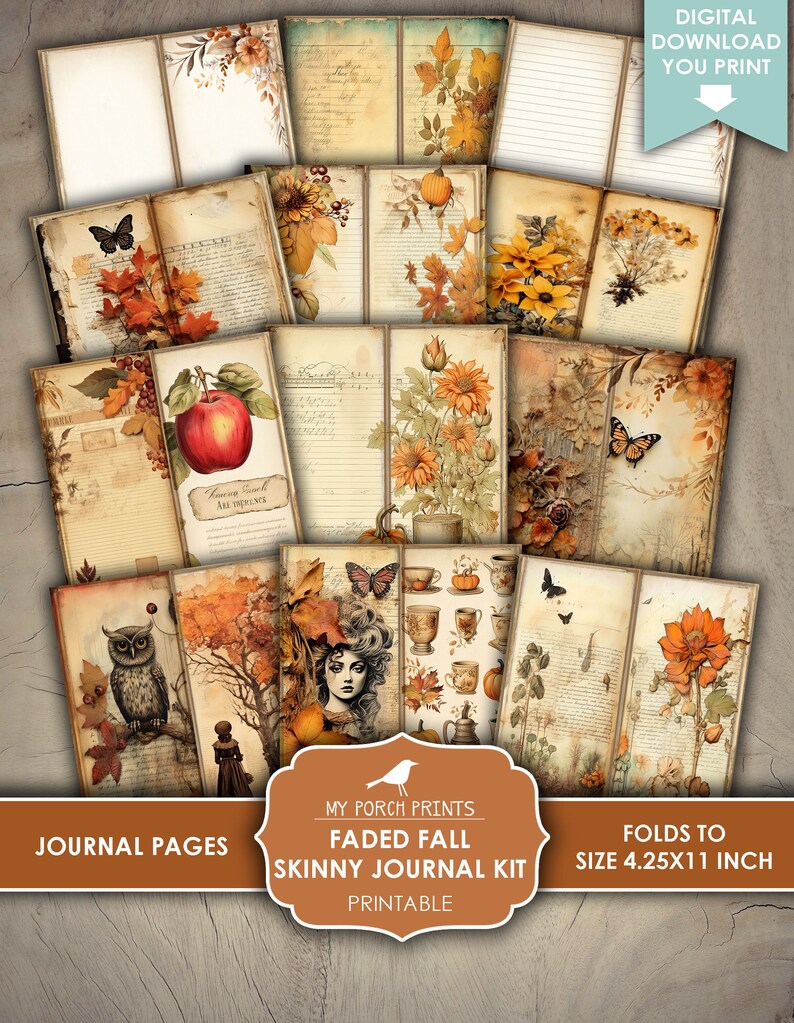 May include: Printable journal kit with 12 pages featuring autumnal designs. The pages include images of owls, butterflies, sunflowers, leaves, apples, and teacups. The kit is designed to fold to a size of 10.8 cm by 27.9 cm.