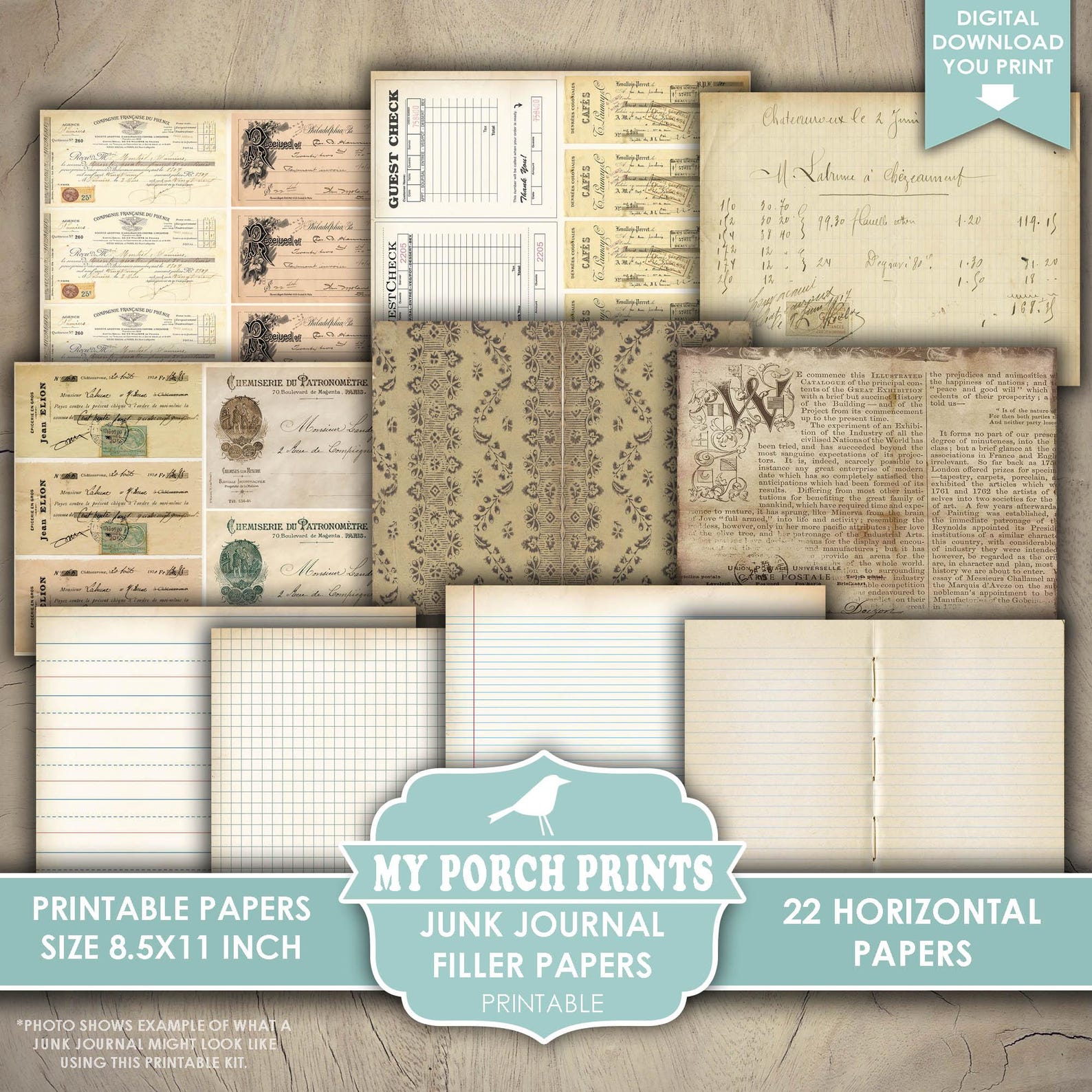 Junk Journal Filler Papers HORIZONTAL, Vintage Neutral Extra Pages ...