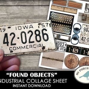 Collageblad, Found Object, Industrieel, junk journal, plakboek, versiering, efemere, mixed media, nummerplaat, label, man, afdrukbaar