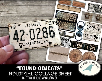 Könnte beinhalten: Ein digitales Collage-Blatt mit industriellen Elementen im Vintage-Stil, darunter ein rostiges Nummernschild mit dem Text "19 IOWA 57 42-0286 COMMERCIAL", ein verwittertes Schild mit dem Text "COOP R ST" und ein rostiger Türgriff aus Metall. Das Blatt ist perfekt für Bastel- und Scrapbooking-Projekte.