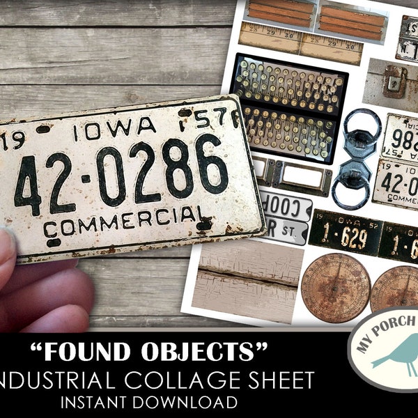 Collage Sheet, Found Object, Industrial, junk journal, scrapbook, embellishment, ephemera, mixed media, license plate, tag, man, printable