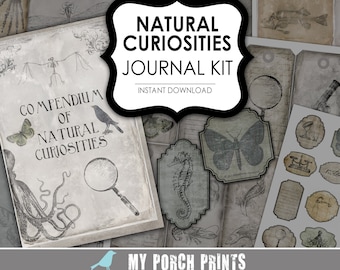 Junk Journal Kit, Natural Curiosities, scrapbook paper, steampunk, printable, halloween decoration, gothic, postcard, tag, ATC card, science