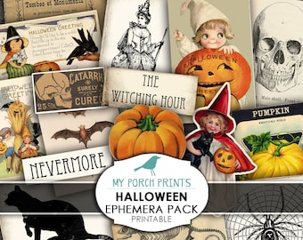 May include: A digital printable pack of Halloween ephemera featuring vintage illustrations of pumpkins, bats, skulls, witches, and a black cat. The pack includes the text "Halloween Greeting", "The Witching Hour", "Nevermore", and "Pumpkin".