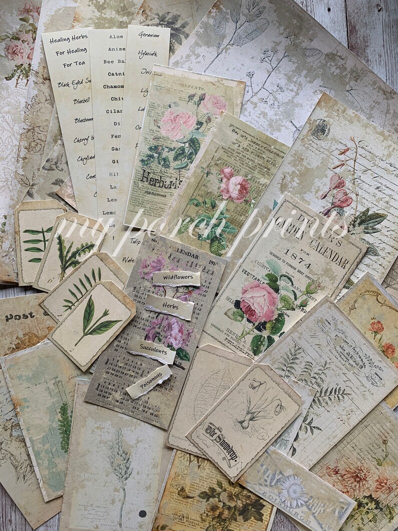 Puede incluir: Una colecci&oacute;n de estampados bot&aacute;nicos vintage con ilustraciones de flores, hierbas y plantas. Los estampados est&aacute;n en papel envejecido con un aspecto desgastado e incluyen texto como "Flores silvestres", "Hierbas" y "Suculentas".
