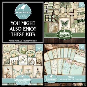 May include: A collage of printable paper kits from My Porch Prints on Etsy. The kits include green petite pack papers and ephemera, blue and ivory journal kit, and aqua vintage color papers. The image also includes the text "You might also enjoy these kits."
