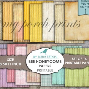 May include: Set of 16 printable 8.5x11 inch papers featuring a honeycomb pattern in various colors, including purple, pink, yellow, green, and blue. The papers are labeled "Bee Honeycomb Papers" and "My Porch Prints".