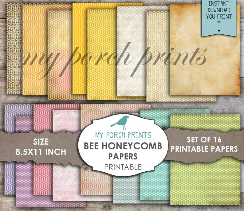 May include: Set of 16 printable 8.5x11 inch papers featuring a honeycomb pattern in various colors, including purple, pink, yellow, green, and blue. The papers are labeled "Bee Honeycomb Papers" and "My Porch Prints".
