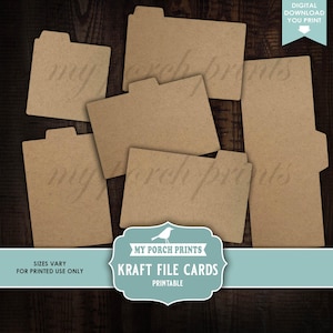 May include: Several kraft file cards with a tabbed top, displayed on a dark wood surface. The cards are a light brown colour. The image includes text that reads "My Porch Prints" and "Kraft File Cards Printable".