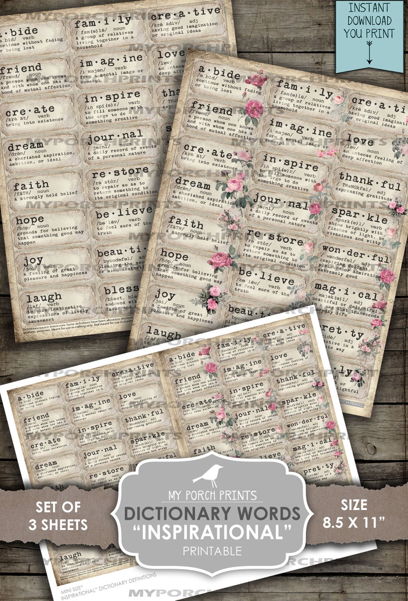 Dictionary, Definitions, Junk Journal, Definition, Inspirational, Rose, Phrases, Mixed Media, Words, My Porch Prints, Printable, Ephemera image 3