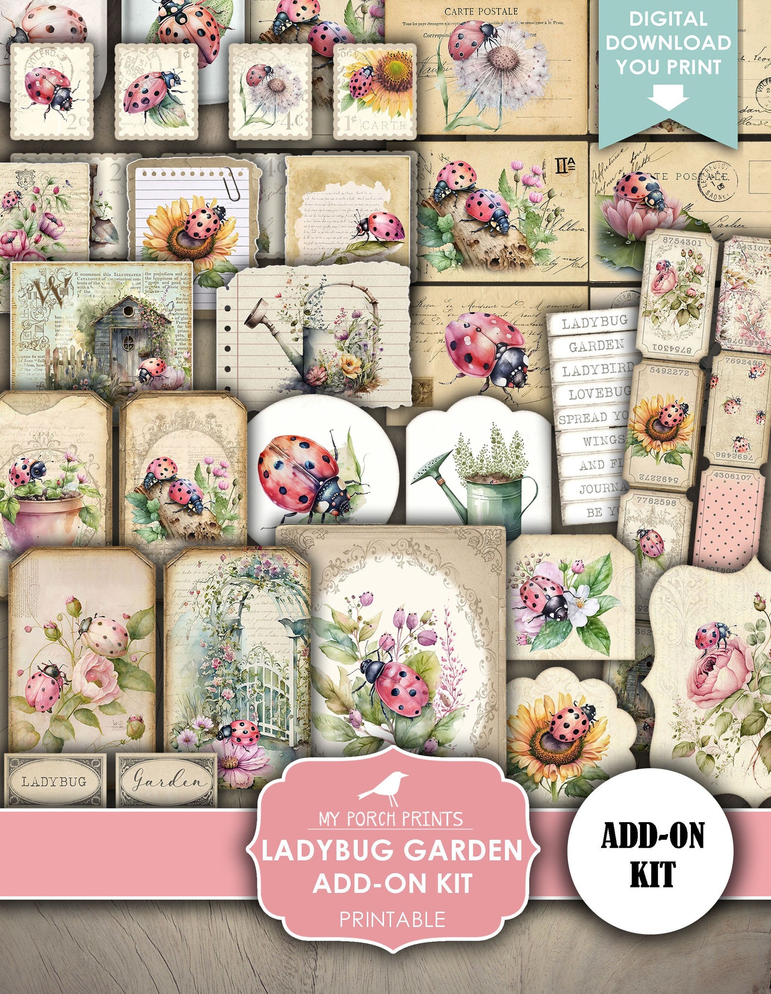 Ladybug Garden Junk Journal ADD ON Kit, Lady Bug Ladybird Summer Spring ...