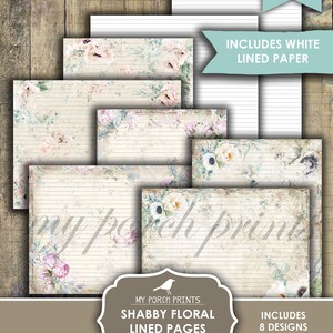 May include: A collection of printable shabby floral lined pages in portrait and landscape formats. The pages feature a vintage design with floral accents in soft pinks, blues, and greens. Includes white lined paper. The text on the image says "My Porch Prints".