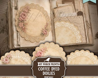 Coffee Dyed Doilies, Junk Journal, Kit, Ephemera, Shabby, Vintage, Doily, Floral Neutral, Lace, My Porch Prints, Printable, Digital Download