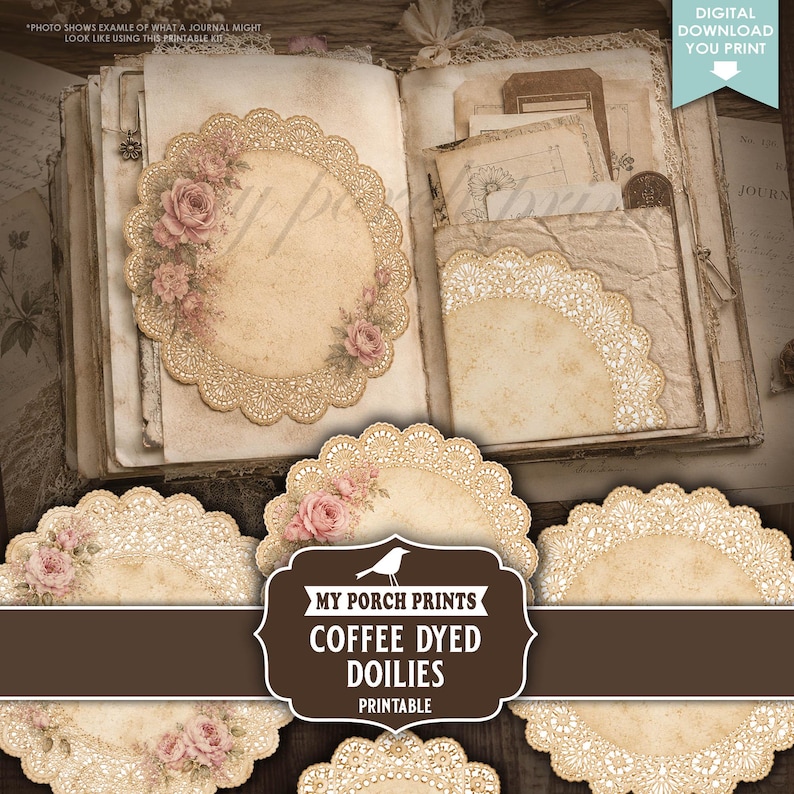 Puede incluir: Una colecci&oacute;n de tapetes de papel imprimibles te&ntilde;idos con caf&eacute;, con bordes intrincados tipo encaje e ilustraciones de rosas rosadas suaves. El conjunto incluye dise&ntilde;os circulares y semicirculares con una est&eacute;tica vintage.