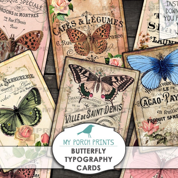 Butterfly Typography Cards, shabby, French, Rose, Valentine, collage sheet, download, Digital, Junk Journal, vintage, Printable, Ephemera