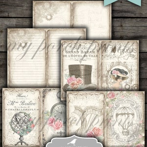 May include: Printable journal kit with a shabby steampunk theme. The kit includes 10 sheets of journal pages, each measuring 8.5 inches by 11 inches. The pages feature vintage-inspired designs with floral accents, gears, and text in French.