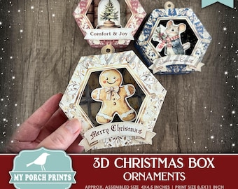 3D Christmas Shadow Box Ornaments, Craft Decoration DIY Gift Idea Red Green To From Tags Tree, My Porch Prints, Printable, Digital Download