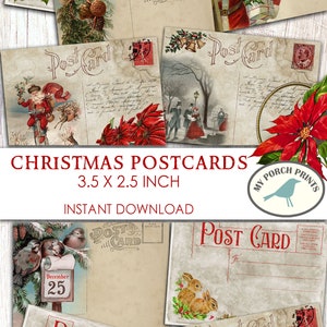 May include: Set of eight vintage-style Christmas postcards featuring various holiday scenes, including Santa Claus, a winter village, birds, and rabbits. Each postcard measures 3.5 inches by 2.5 inches.