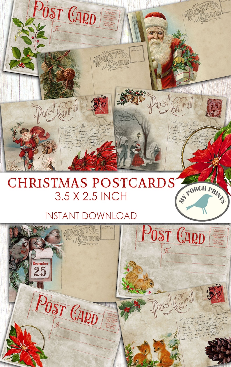 May include: Set of eight vintage-style Christmas postcards featuring various holiday scenes, including Santa Claus, a winter village, birds, and rabbits. Each postcard measures 3.5 inches by 2.5 inches.