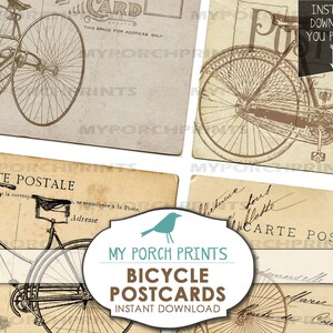May include: Set of four printable vintage bicycle postcards. The postcards feature illustrations of bicycles with the text "Carte Postale" and "My Porch Prints" on them.