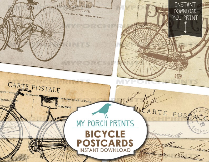 May include: Set of four printable vintage bicycle postcards. The postcards feature illustrations of bicycles with the text "Carte Postale" and "My Porch Prints" on them.