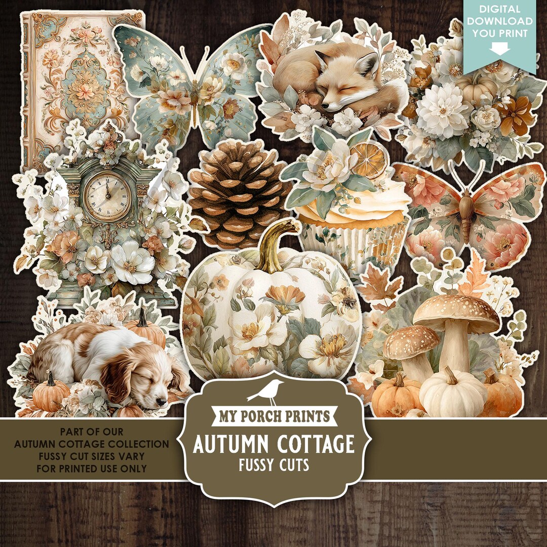 Autumn Cottage FUSSY CUTS, Junk Journal, Vintage, Orange, Ivory, Floral ...