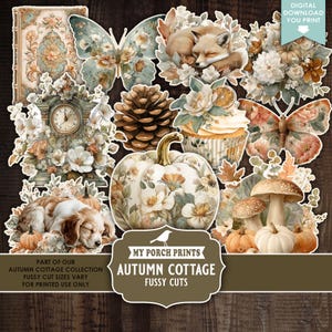 Peut inclure: Une collection de découpes minutieuses sur le thème de l'automne, avec un renard endormi, des papillons, une citrouille, une horloge et un chien endormi. Les motifs comprennent des éléments floraux et botaniques, avec le texte "Autumn Cottage Fussy Cuts".