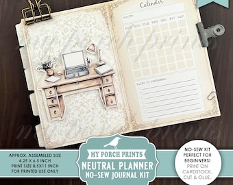 Neutral Planner No-Sew Junk Journal Kit, Gift Idea Beginner Easy Tracker To Do Calendar, My Porch Prints Printable Digital Download