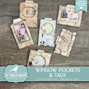 Window Pockets & Tags, Junk Journal, Ephemera, Shabby Chic, Floral, Grunge, Set, Vintage, My Porch Prints, Printable, Digital Download