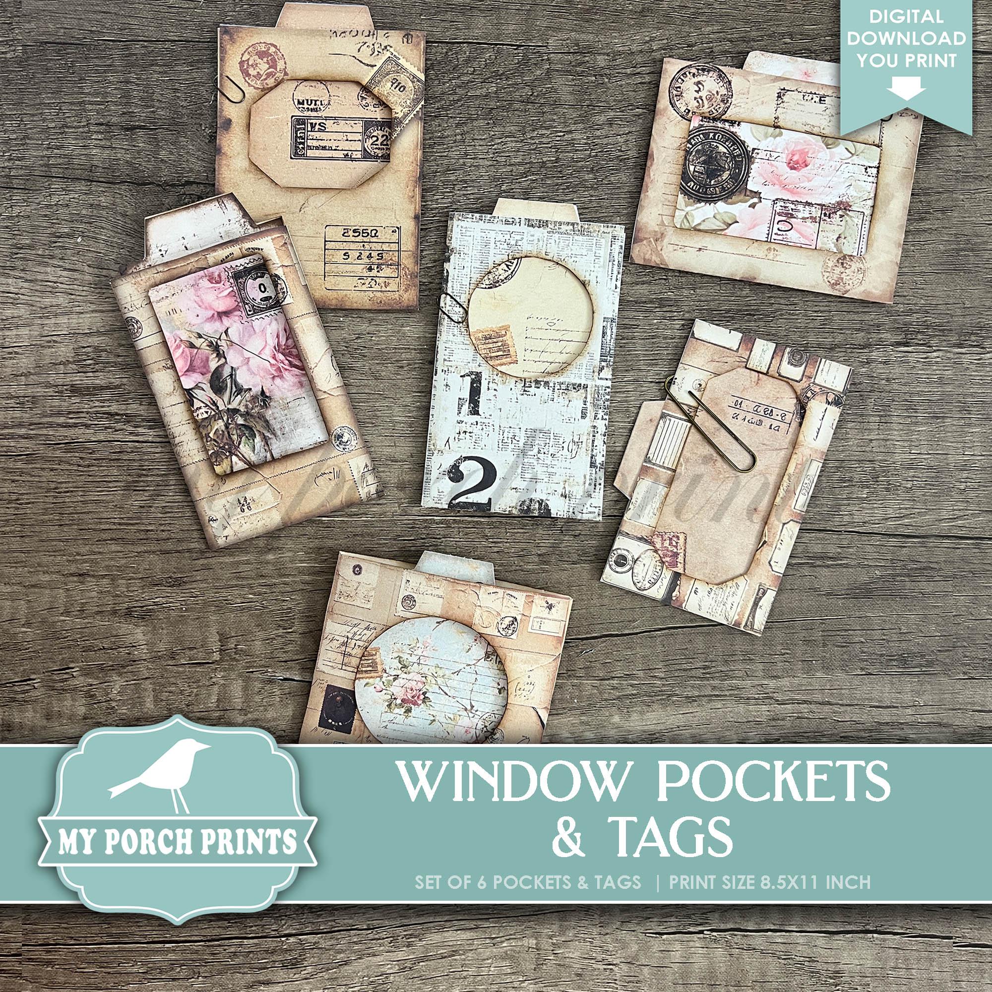 Window Pockets & Tags, Junk Journal, Ephemera, Shabby Chic, Floral, Grunge, Set, Vintage, My Porch Prints, Printable, Digital Download
