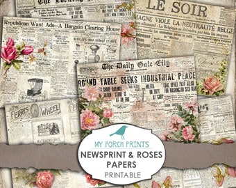 Newspaper Roses, Printable, Paper, Newsprint, Junk Journal, Digital Kit, Ephemera, My Porch Prints, Shop, Collage Sheet, Vintage, Download