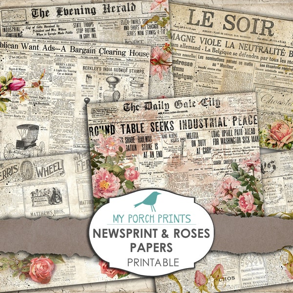 Newspaper Roses, Printable, Paper, Newsprint, Junk Journal, Digital Kit, Ephemera, My Porch Prints, Shop, Collage Sheet, Vintage, Download