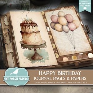 Happy Birthday Junk Journal PAGES & PAPERS, Kit, Card, Boy, Girl, Neutral, Pink, Blue, Cake, My Porch Prints, Printable Digital Download