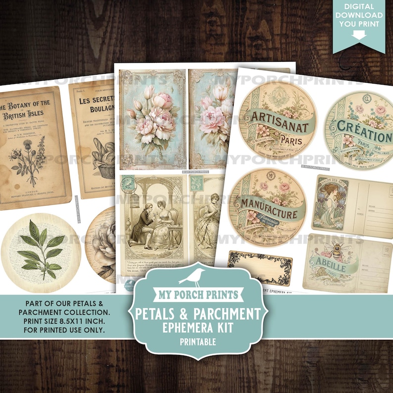 Petals and Parchment Junk Journal EPHEMERA Kit, Vintage, Bird, Spring ...